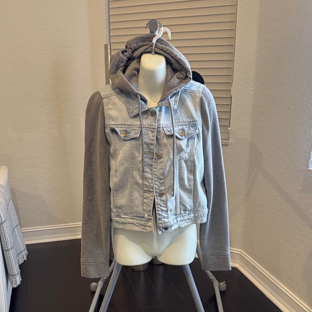 Hollister Light Blue Denim Jacket with Gray Hoodie